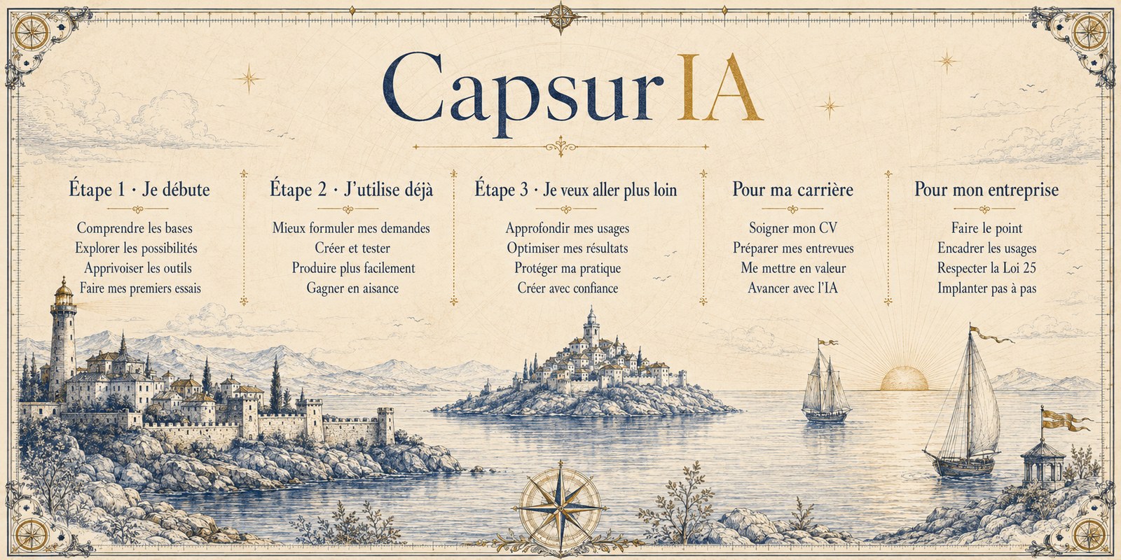 Carte du parcours CapsurIA : cinq voies pour apprivoiser l'IA, de Je debute a Pour mon entreprise. Illustration facon carte marine ancienne au trait, palette CapsurIA.