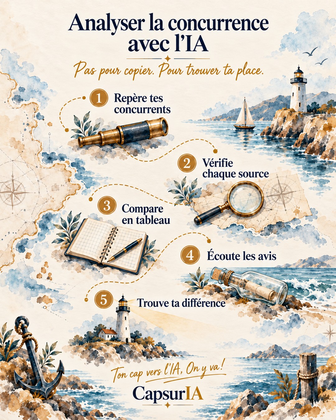 Affiche CapsurIA : Analyser la concurrence avec l'IA, les cinq étapes, de repérer tes concurrents jusqu'à trouver ta différence