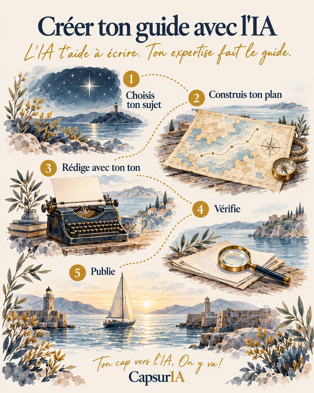 Affiche CapsurIA : Créer ton guide avec l'IA, les cinq étapes, de choisir ton sujet jusqu'à publier