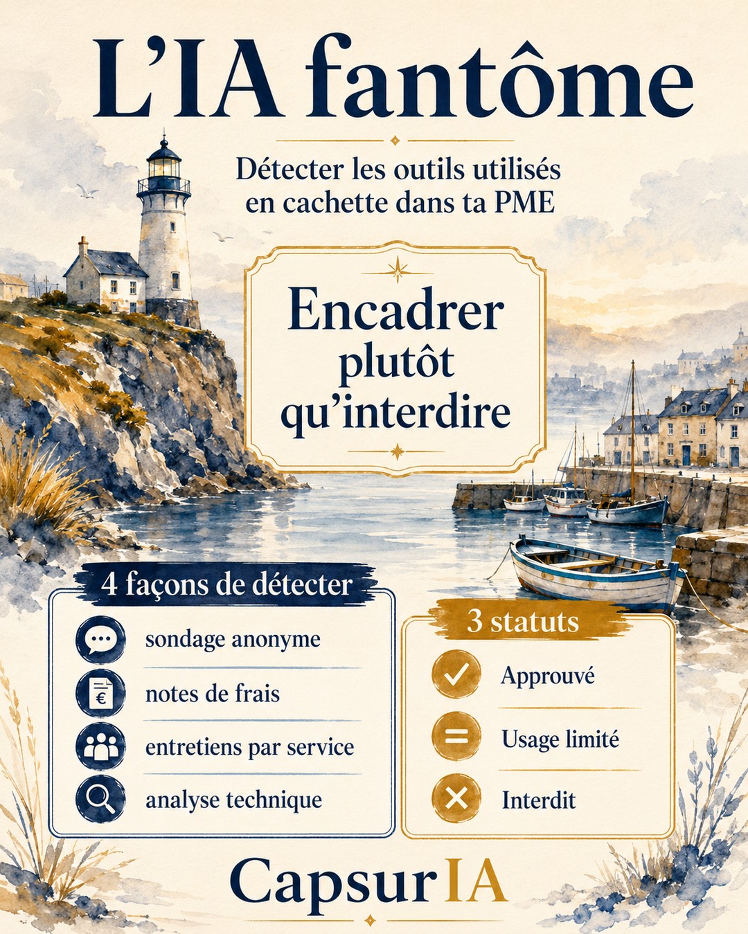Affiche CapsurIA : L'IA fantôme, encadrer plutôt qu'interdire, les 4 façons de détecter et les 3 statuts