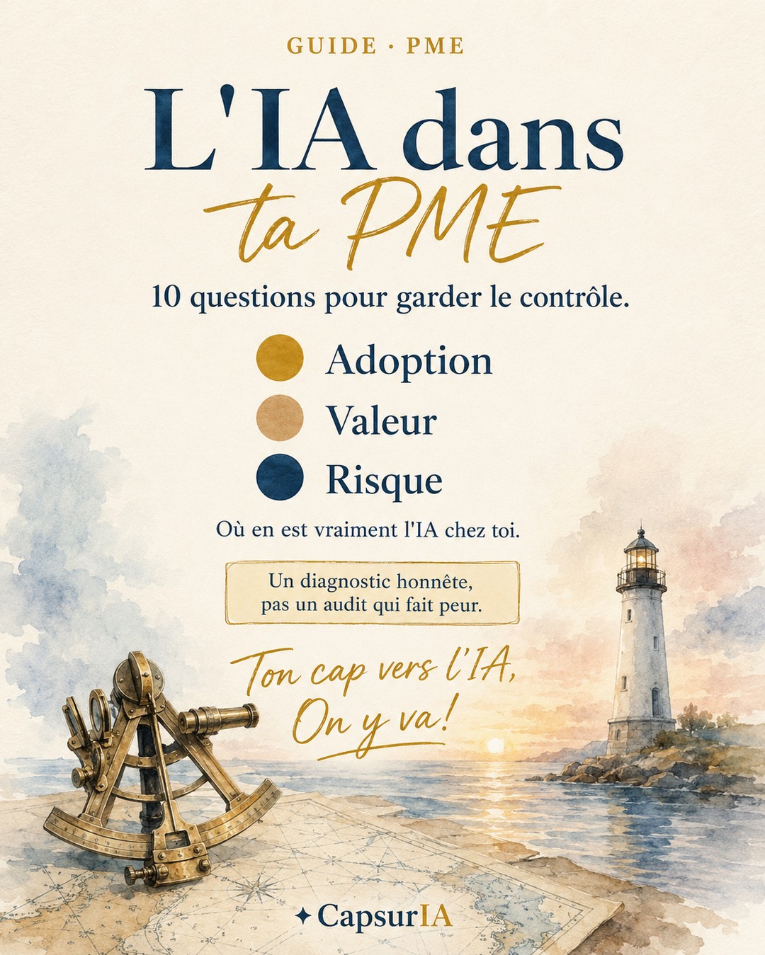 Affiche · L'IA dans ta PME, 10 questions pour garder le contrôle, aquarelle maritime CapsurIA