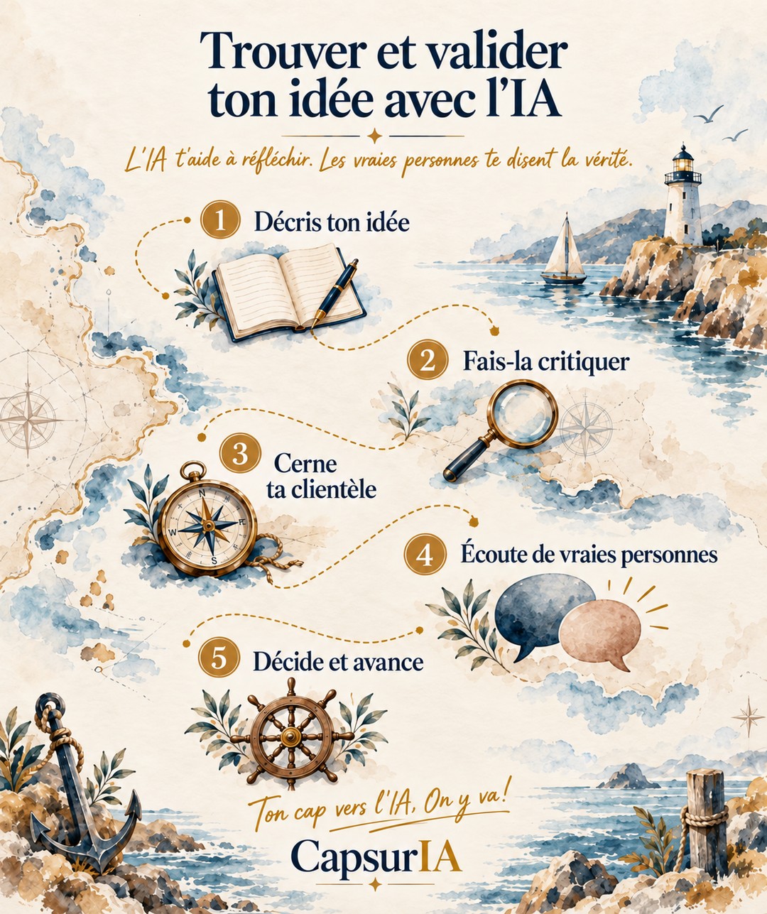 Affiche CapsurIA : Trouver et valider ton idée avec l'IA, les cinq étapes, de décrire ton idée jusqu'à décider et avancer