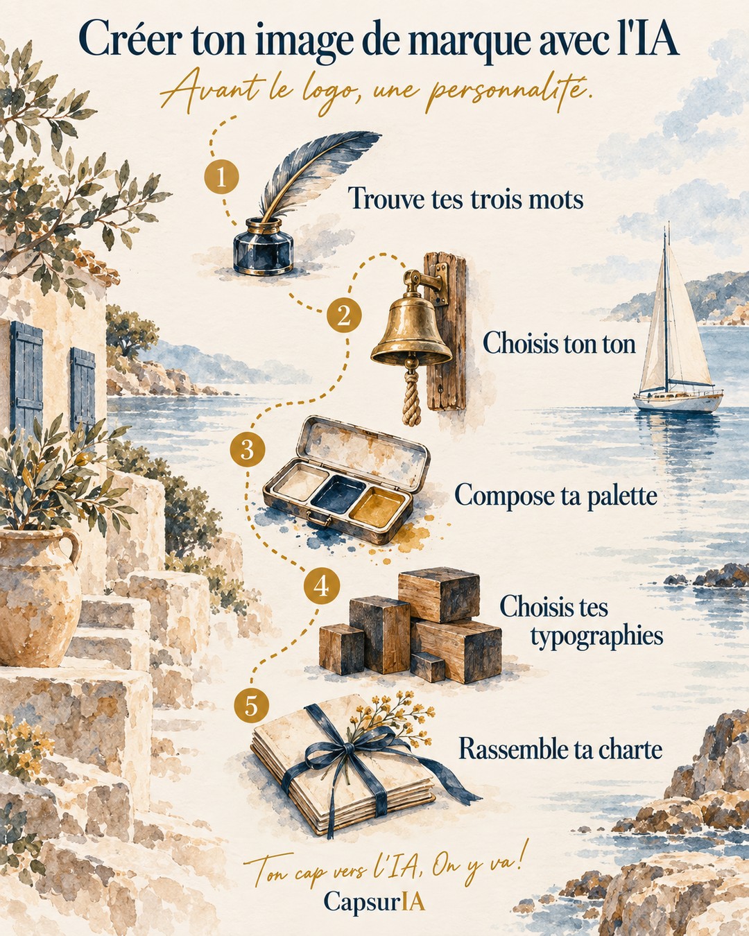 Affiche CapsurIA : Créer ton image de marque avec l'IA, les cinq étapes, de trouver tes trois mots jusqu'à rassembler ta charte