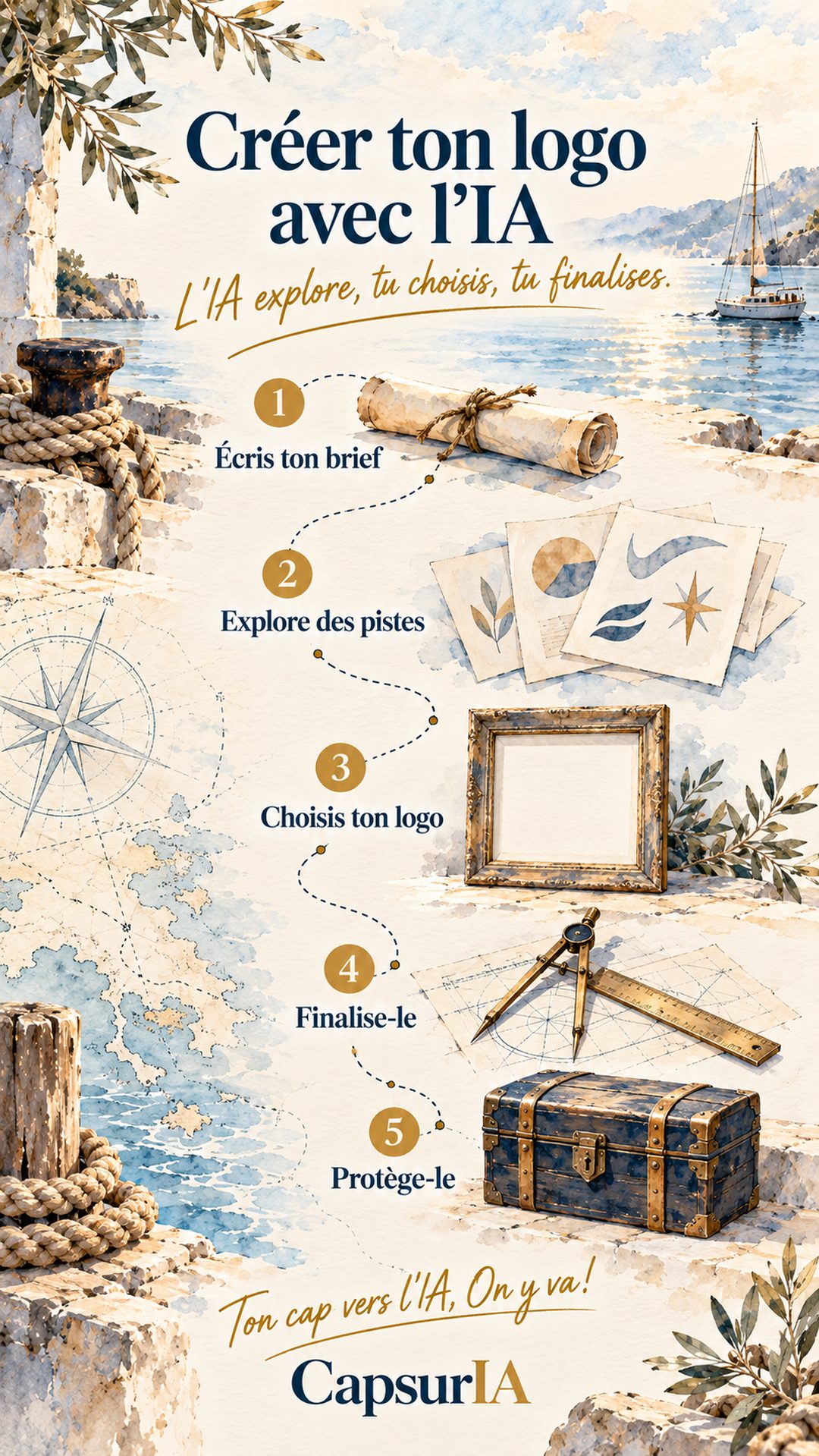 Affiche CapsurIA : Créer ton logo avec l'IA, les cinq étapes, d'écrire ton brief jusqu'à protéger ton logo