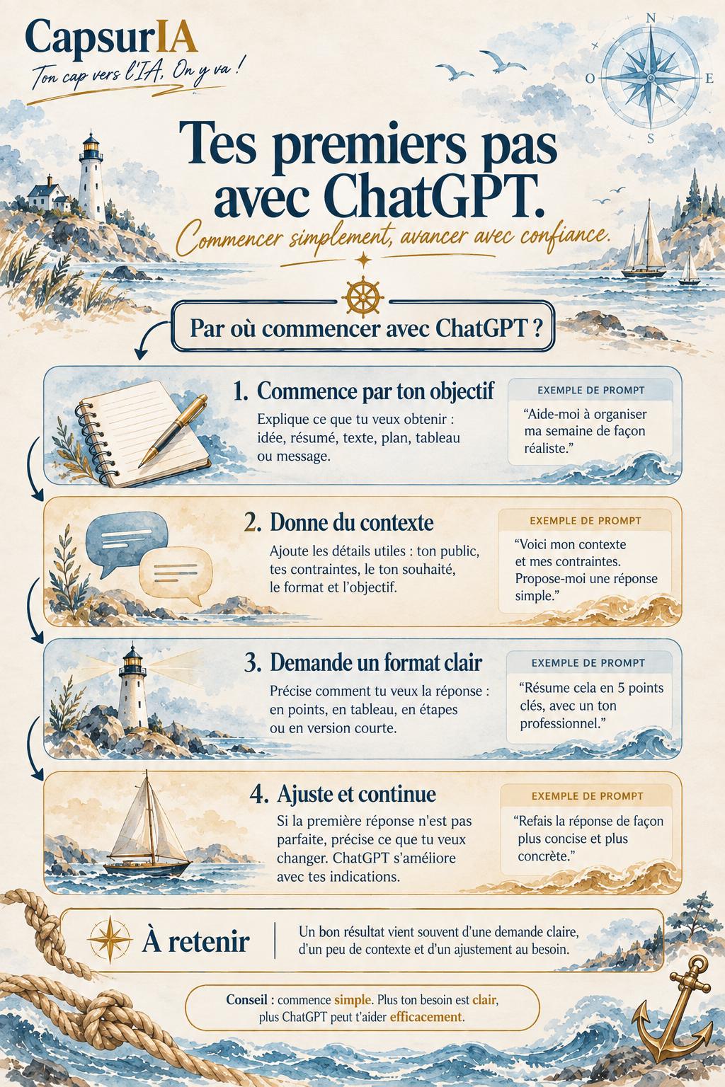 Affiche CapsurIA : tes premiers pas avec ChatGPT, quatre étapes pour commencer simplement : ton objectif, le contexte, un format clair, puis ajuster et continuer