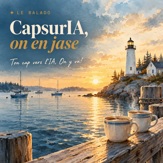Couverture du balado CapsurIA, on en jase : deux tasses de café sur un quai devant un phare au lever du jour, aquarelle maritime