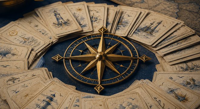 CapsurIA · 50 prompts prêts à coller : une rose des vents dorée entourée de cartes marines illustrées