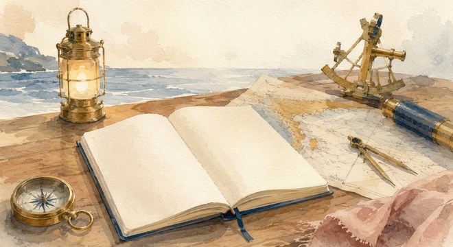 CapsurIA, faire son budget avec l'IA, un journal de bord et une boussole, aquarelle maritime