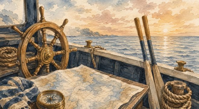 CapsurIA, Claude Cowork, un poste de navigation et deux avirons, aquarelle maritime