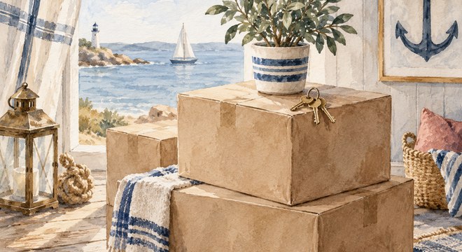 Cartons de déménagement empilés avec une plante