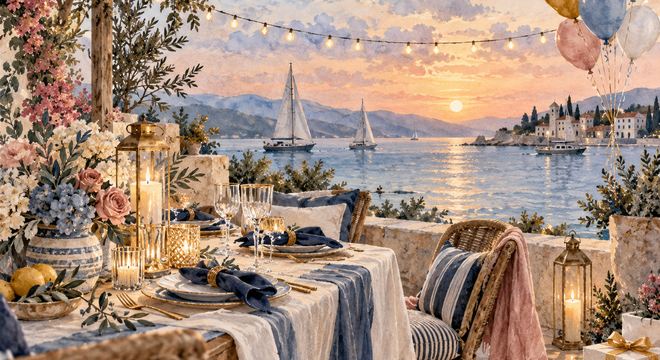 Table dressée en bord de mer au coucher du soleil