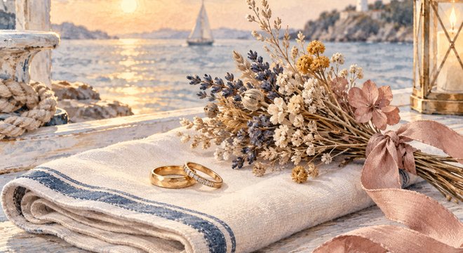 Alliances et bouquet de fleurs séchées au coucher du soleil