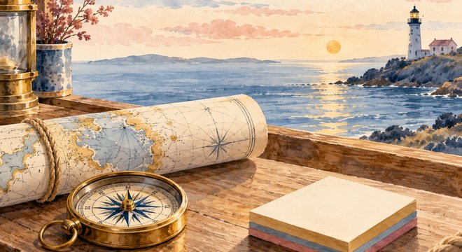 Boussole et carte marine enroulée sur un bureau