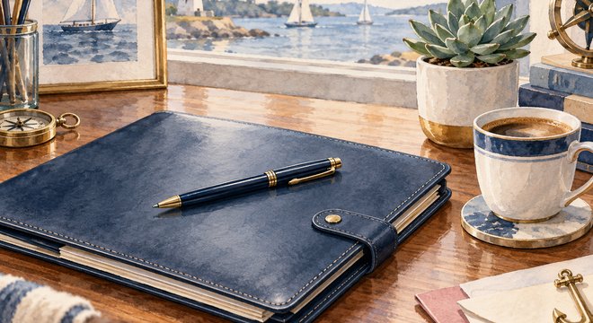 Porte-documents en cuir, stylo et café sur un bureau