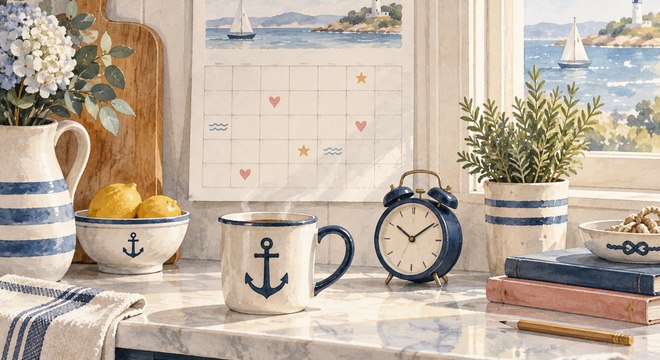 Calendrier mural et tasse sur un comptoir de cuisine