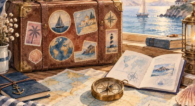 Valise vintage couverte d'autocollants de voyage