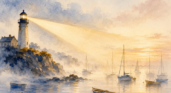 CapsurIA, l'IA fantôme dans ta PME, un phare éclaire un port dans la brume, aquarelle maritime