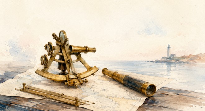 CapsurIA, l'IA dans ta PME, un sextant sur une carte marine et un phare, aquarelle maritime
