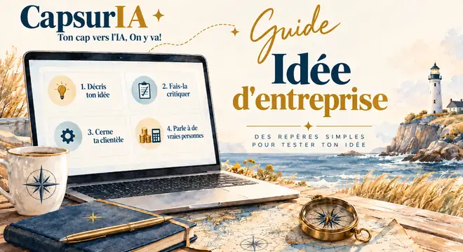 Couverture du guide « Trouver et valider ton idée d'entreprise avec l'IA », CapsurIA