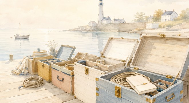CapsurIA, organiser tes photos et tes fichiers avec l'IA, des coffres de bois sur un quai et un phare, aquarelle maritime