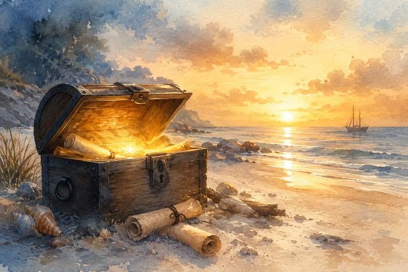 CapsurIA · Le coffre à prompts : un coffre entrouvert sur une plage au couchant, aquarelle maritime