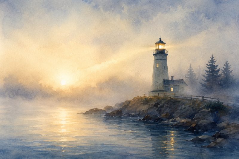 CapsurIA · Comprendre l'IA sans stress : un phare serein dans la brume, aquarelle maritime