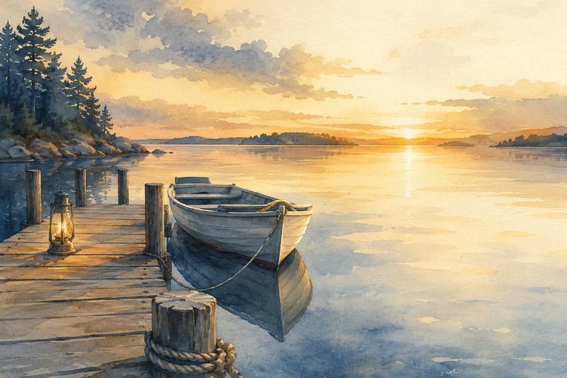 CapsurIA · Avant d'essayer, enlève ce qui te retient : une barque amarrée à un quai au lever du jour, aquarelle maritime