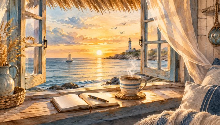 CapsurIA · Moments de vie : une fenêtre de chaumière ouverte sur la mer au couchant, une tasse et un carnet, aquarelle maritime