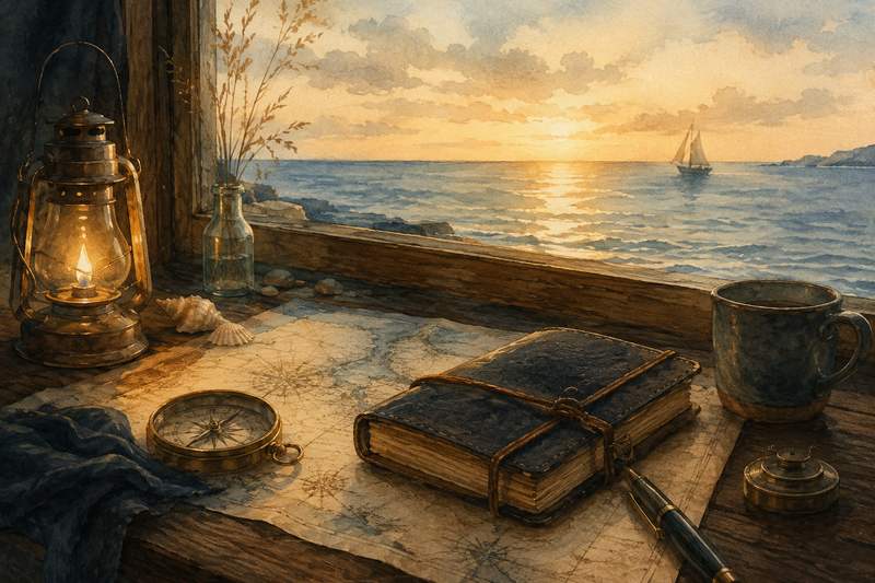 CapsurIA · Choisir tes outils : une lanterne, une boussole et un carnet de bord sur une carte marine, aquarelle maritime