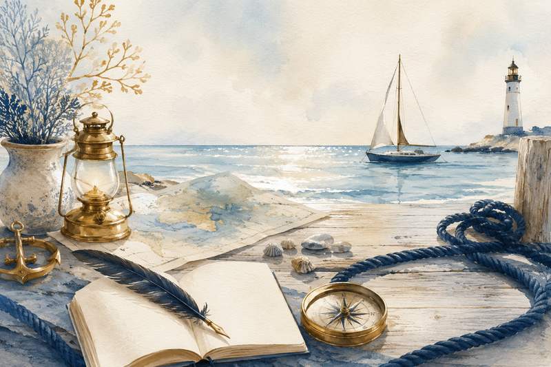 CapsurIA · Bien parler à l'IA : une carte marine, une boussole en laiton et une plume, aquarelle maritime