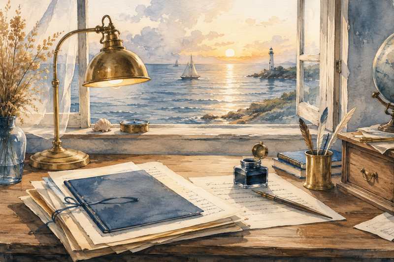 CapsurIA · IA au travail : un bureau de bois près d'une fenêtre ouverte sur la mer, aquarelle maritime