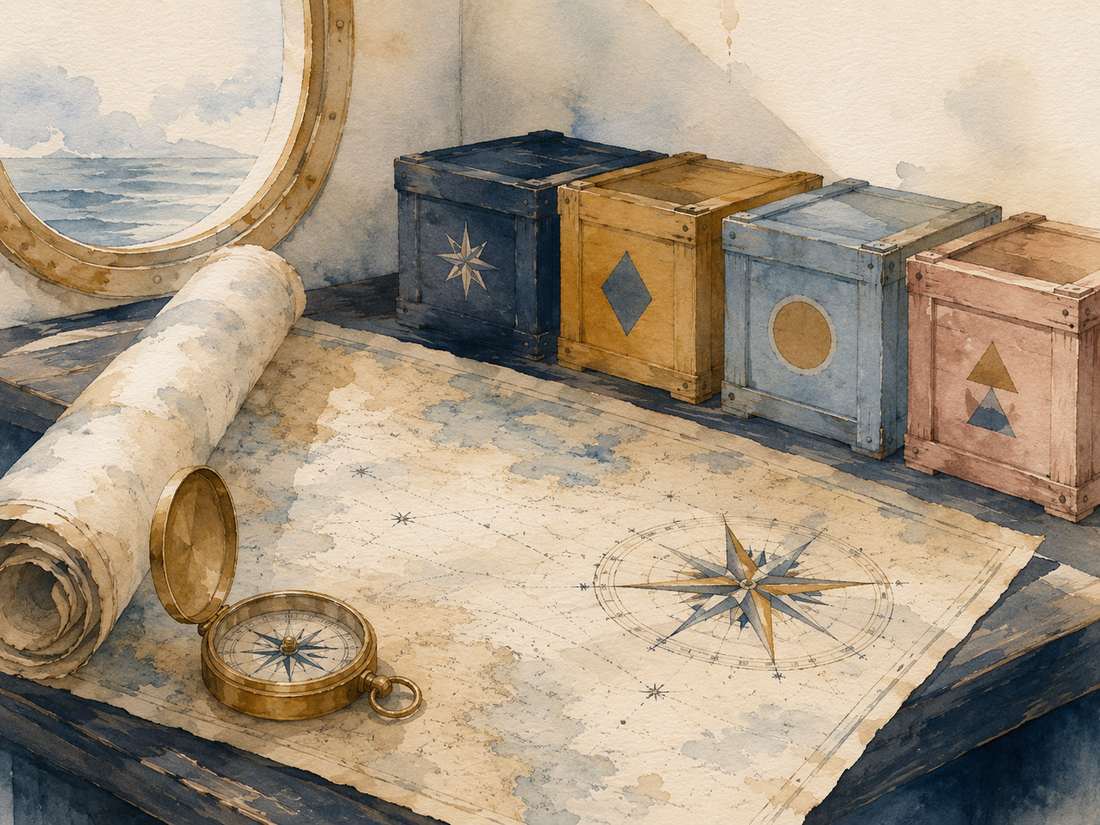Une table de navigation avec une carte marine, une boussole de laiton et quatre caisses de bois marquées de symboles simples, aquarelle maritime CapsurIA