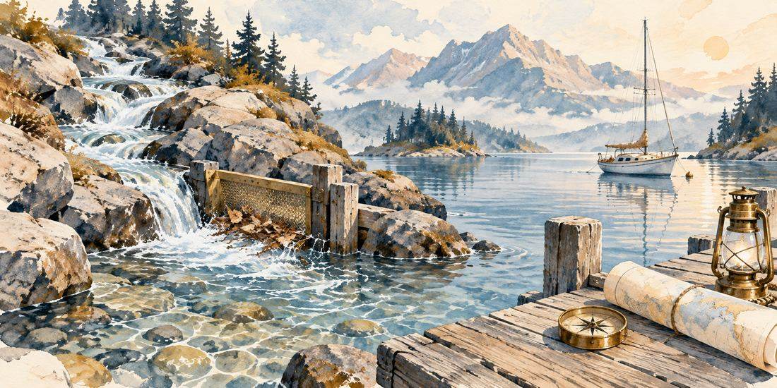 Un ruisseau clair qui descend vers un port, une écluse de bois munie d'un filtre de laiton qui retient les feuilles, une boussole, une lanterne et une carte marine sur un quai, aquarelle maritime CapsurIA