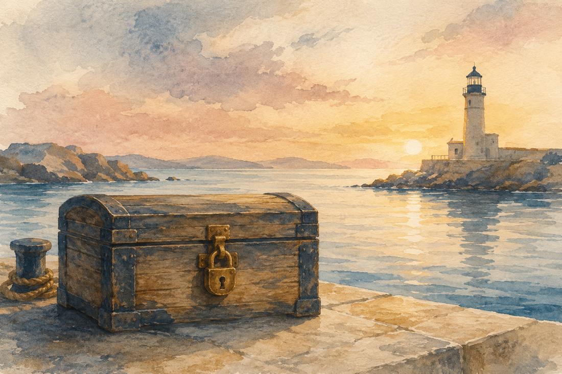 Un coffre de bois fermé par un cadenas de laiton sur un quai, un phare qui veille dans une lumière chaude de fin de journée, aquarelle maritime CapsurIA
