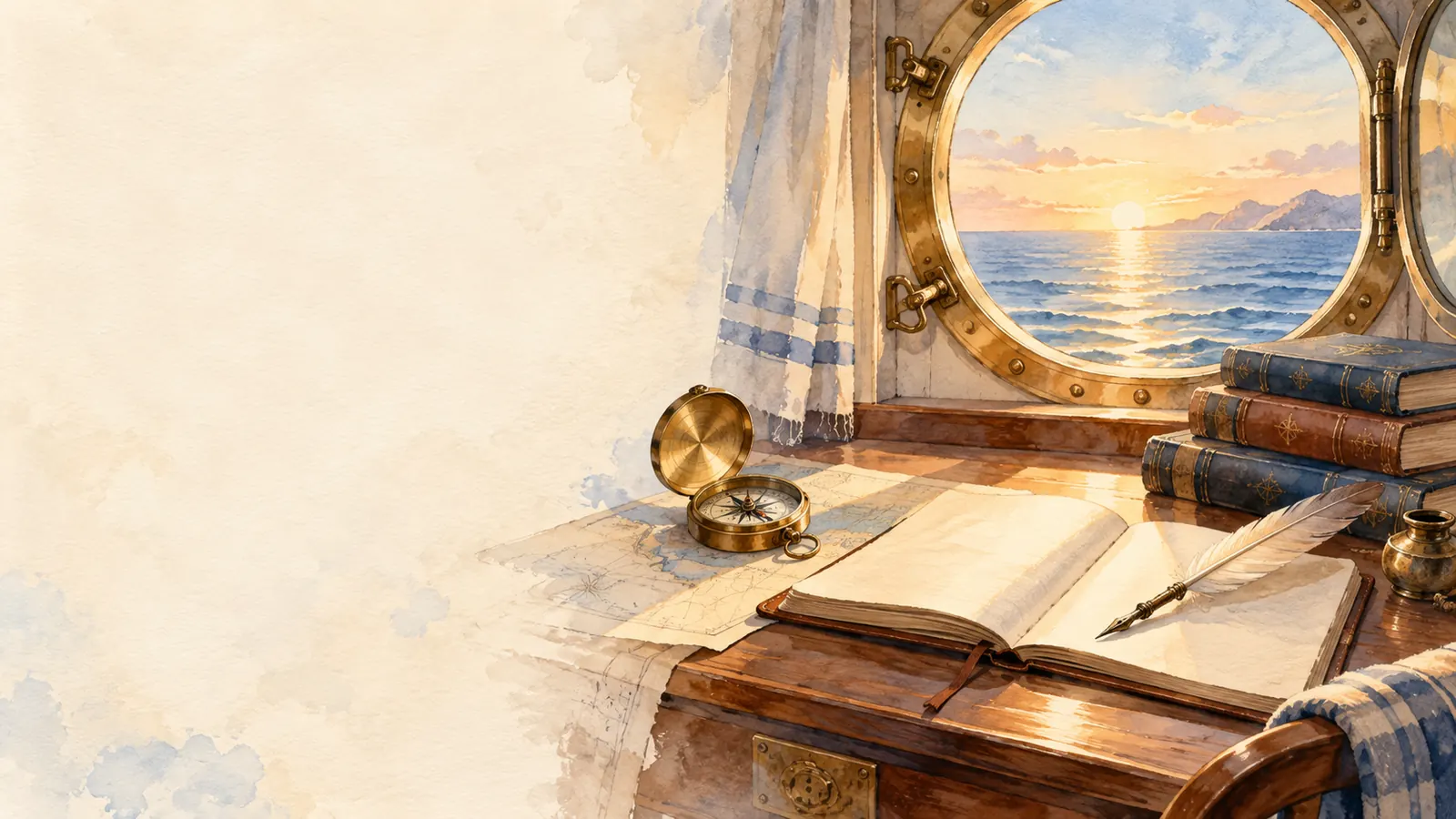 Un bureau de cabine près d'un hublot ouvert sur la mer au lever du soleil, une boussole en laiton, un carnet ouvert et une plume, aquarelle maritime CapsurIA