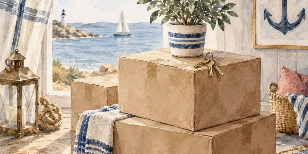 Cartons de déménagement empilés avec une plante et un trousseau de clés, vue sur la mer