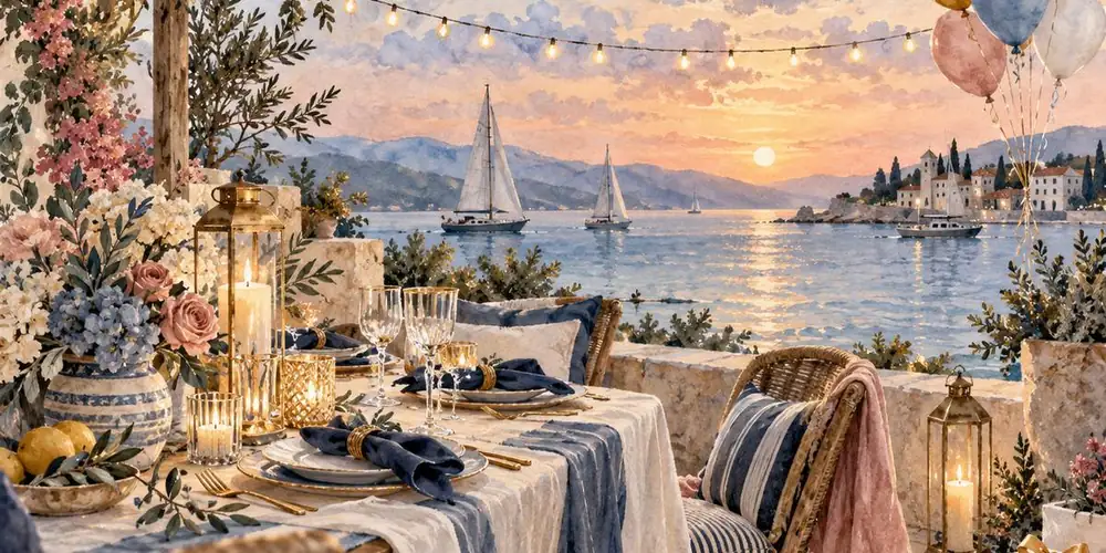 Table dressée en bord de mer au coucher du soleil, guirlandes lumineuses et ballons