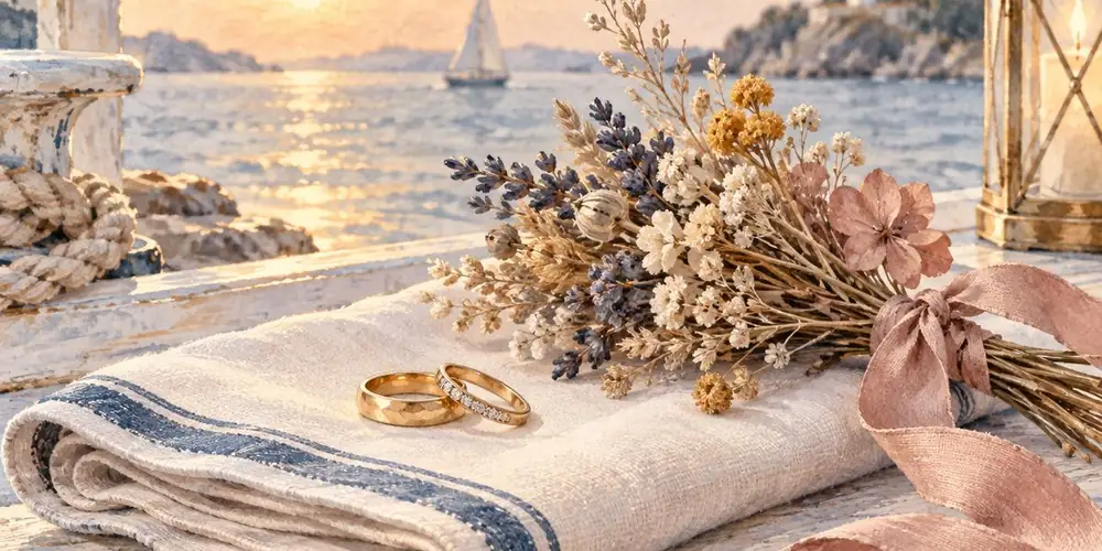 Alliances et bouquet de fleurs séchées au coucher du soleil, sur fond de voilier et de phare