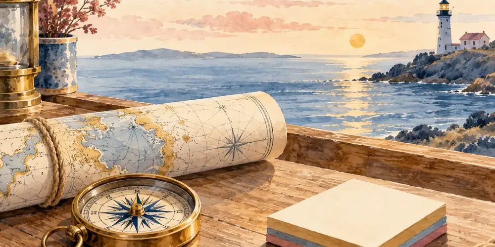 Boussole et carte marine enroulée sur un bureau en bois, face à un phare au coucher du soleil