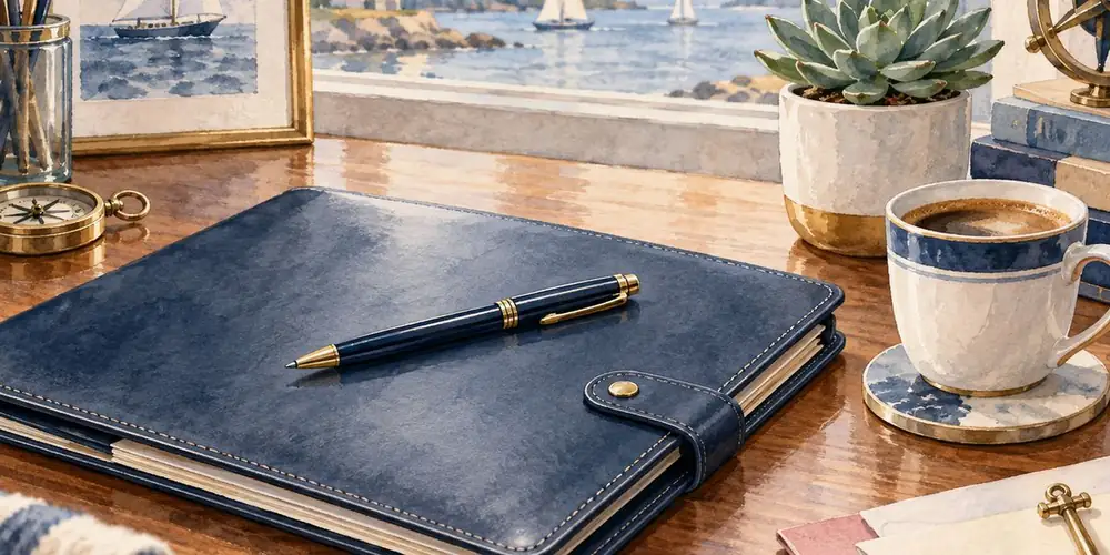 Porte-documents en cuir, stylo et café sur un bureau, avec un petit succulent