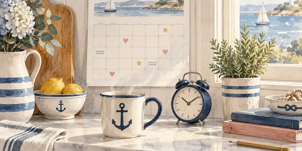 Calendrier mural, tasse et petit réveil sur un comptoir de cuisine au bord de la mer
