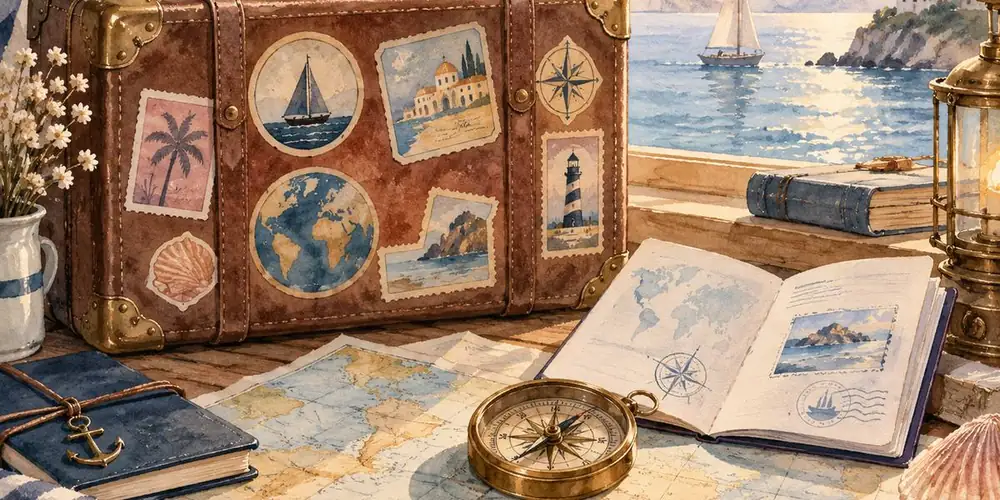 Valise vintage couverte d'autocollants de voyage, passeport et carte ouverts, boussole