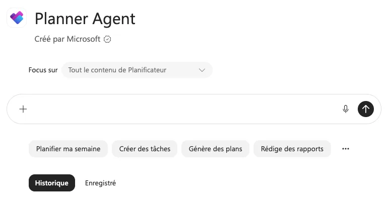 L'écran d'accueil du Planner Agent dans Copilot, avec le sélecteur Focus sur et quatre suggestions : planifier ma semaine, créer des tâches, générer des plans, rédiger des rapports