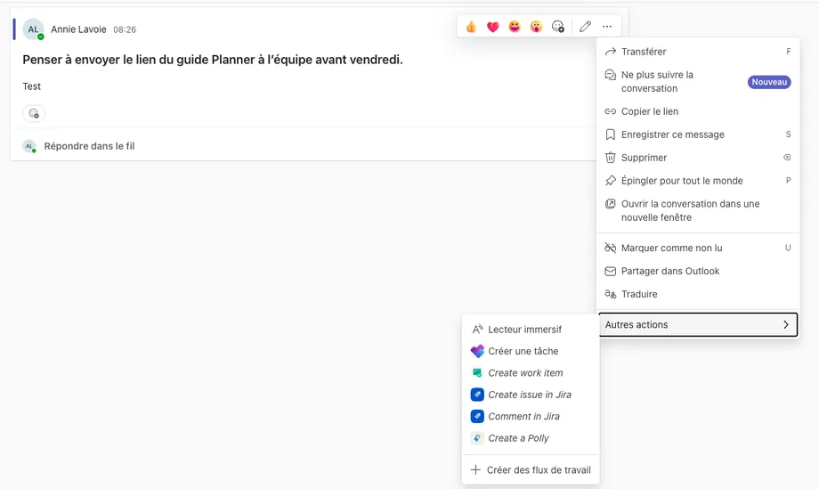 Menu d'un message dans un canal Teams : Autres actions ouvre un sous-menu avec Créer une tâche et Créer des flux de travail
