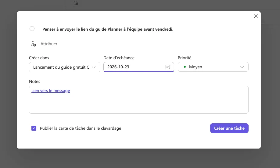 Fenêtre Créer une tâche de Teams avec le titre du message, le plan choisi, la date d'échéance, la priorité Moyen et le lien vers le message dans les notes