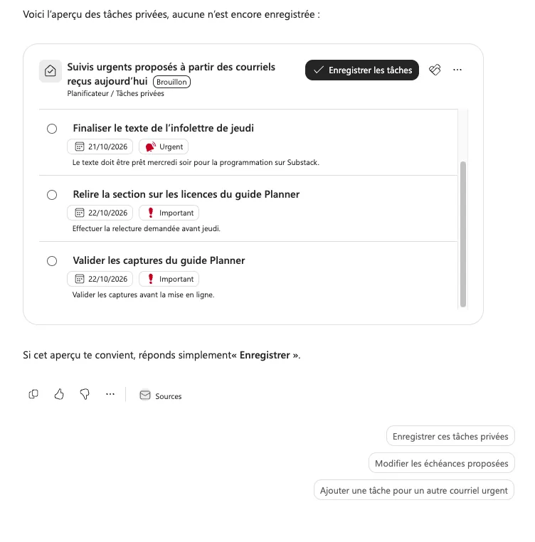 Carte en brouillon de trois tâches privées proposées à partir des courriels du jour, avec dates et priorités, et un bouton Enregistrer les tâches