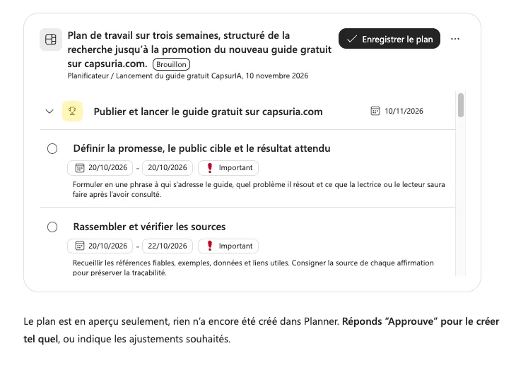 Plan proposé en brouillon par le Planner Agent, avec l'objectif publier et lancer le guide et les premières tâches datées