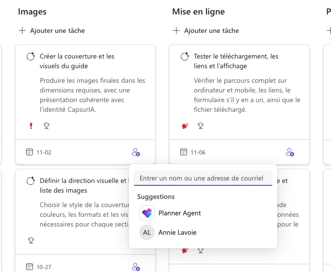 Liste d'assignation d'une tâche Planner où Planner Agent apparaît dans les suggestions à côté d'une personne