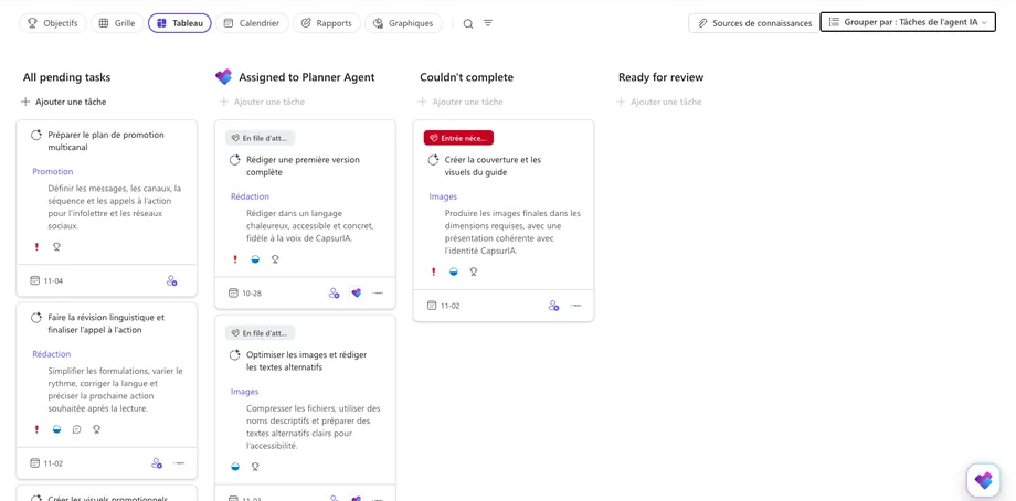 Vue Tâches de l'agent IA dans Planner avec les colonnes des tâches en attente, assignées à l'agent, non terminées et prêtes pour révision
