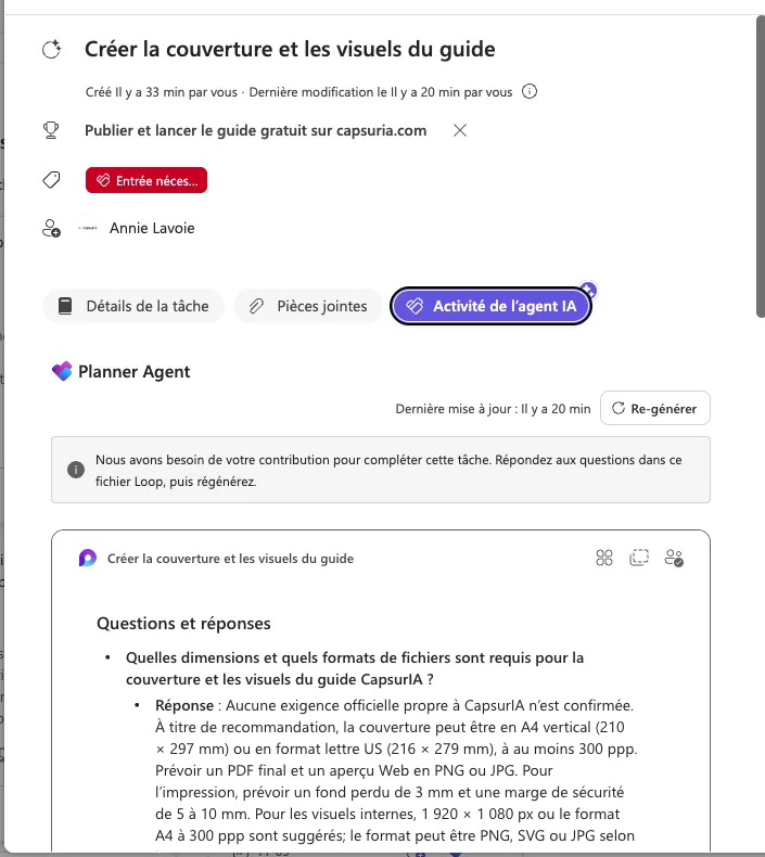 Onglet Activité de l'agent IA d'une tâche Planner : l'agent demande une contribution, propose une page de questions et réponses et un bouton Re-générer